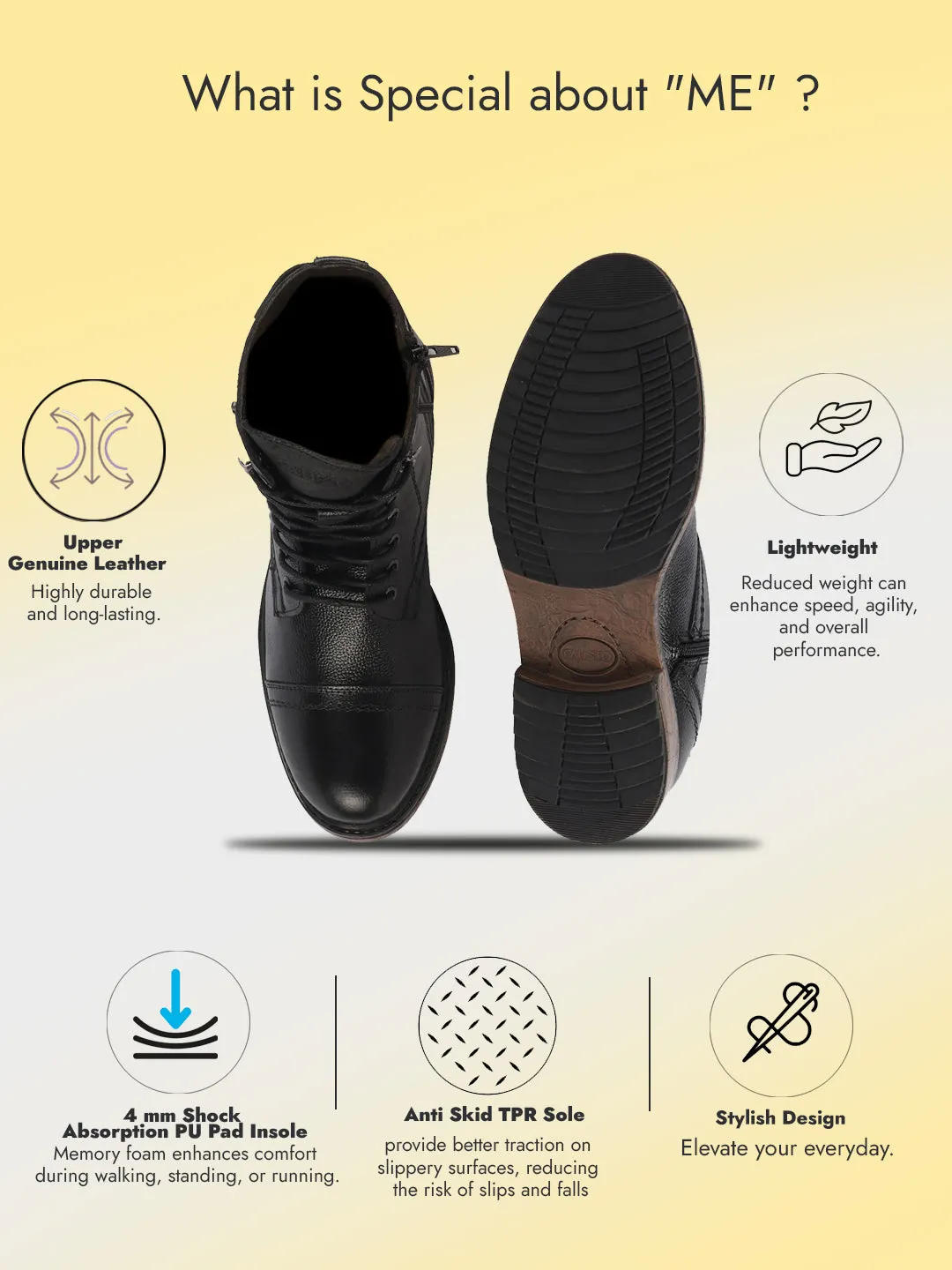Men Black High Ankle Genuine Leather Hook and 7-Eye Lace Up Side Zipper Adjustable Buckle Strap Cap Toe Anti Skid Sole Flat Boots