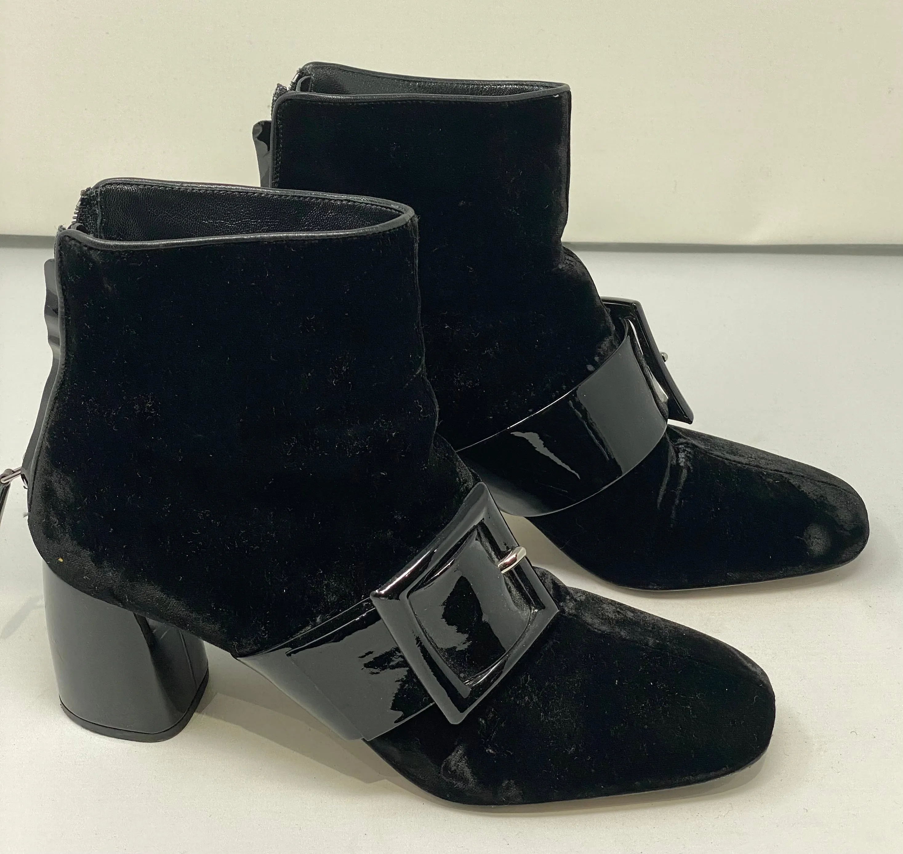Miu Miu Black Velvet Bootie with Black Patent Leather Bow, Heel and Back Zipper