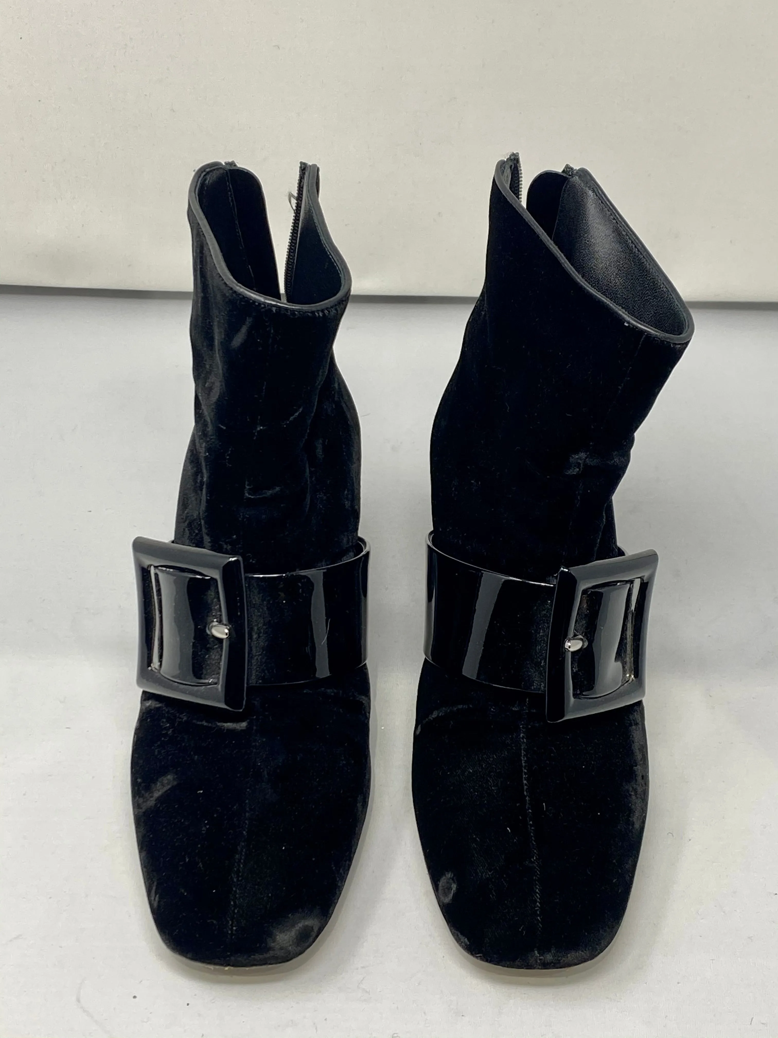Miu Miu Black Velvet Bootie with Black Patent Leather Bow, Heel and Back Zipper