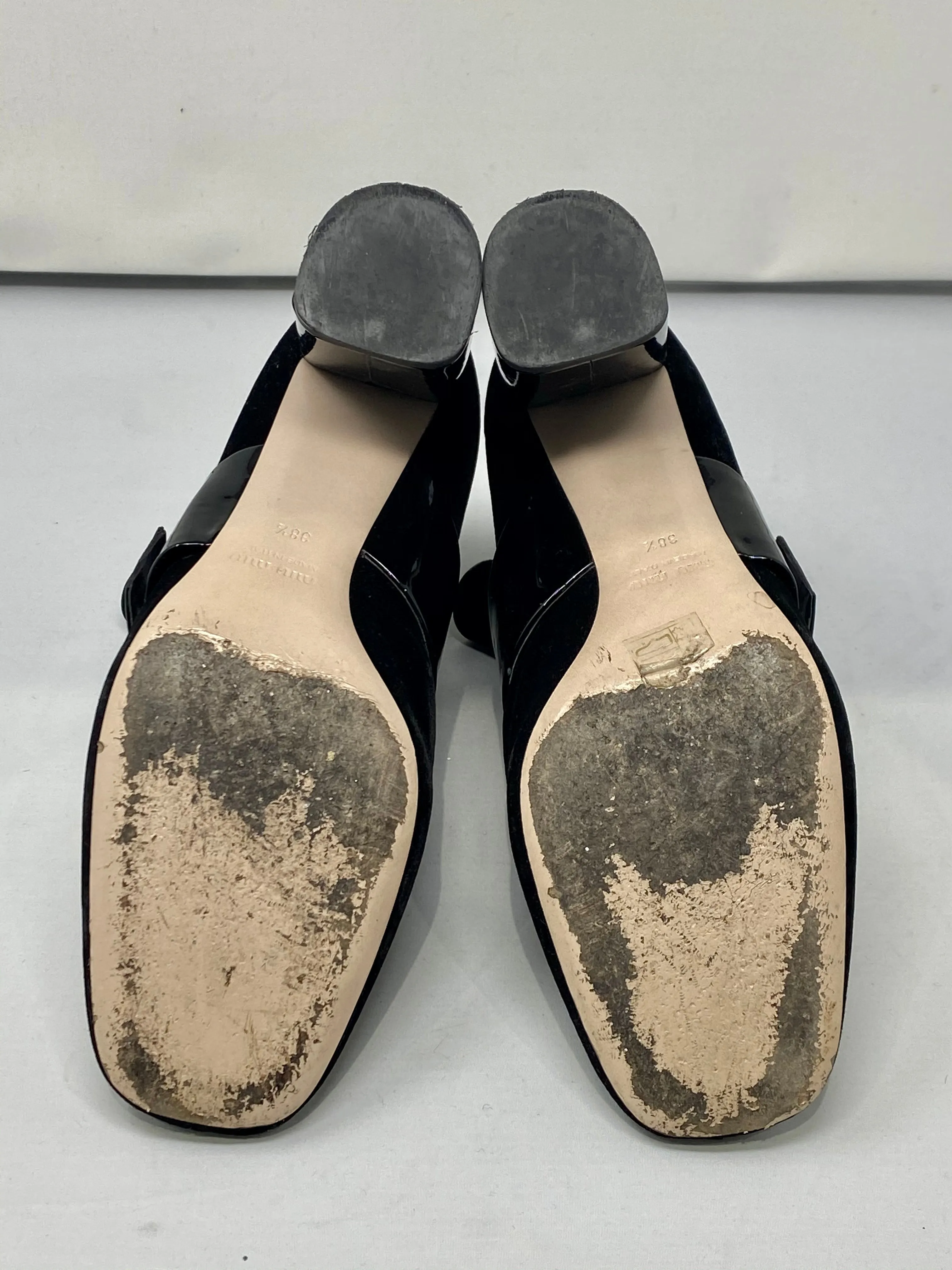 Miu Miu Black Velvet Bootie with Black Patent Leather Bow, Heel and Back Zipper