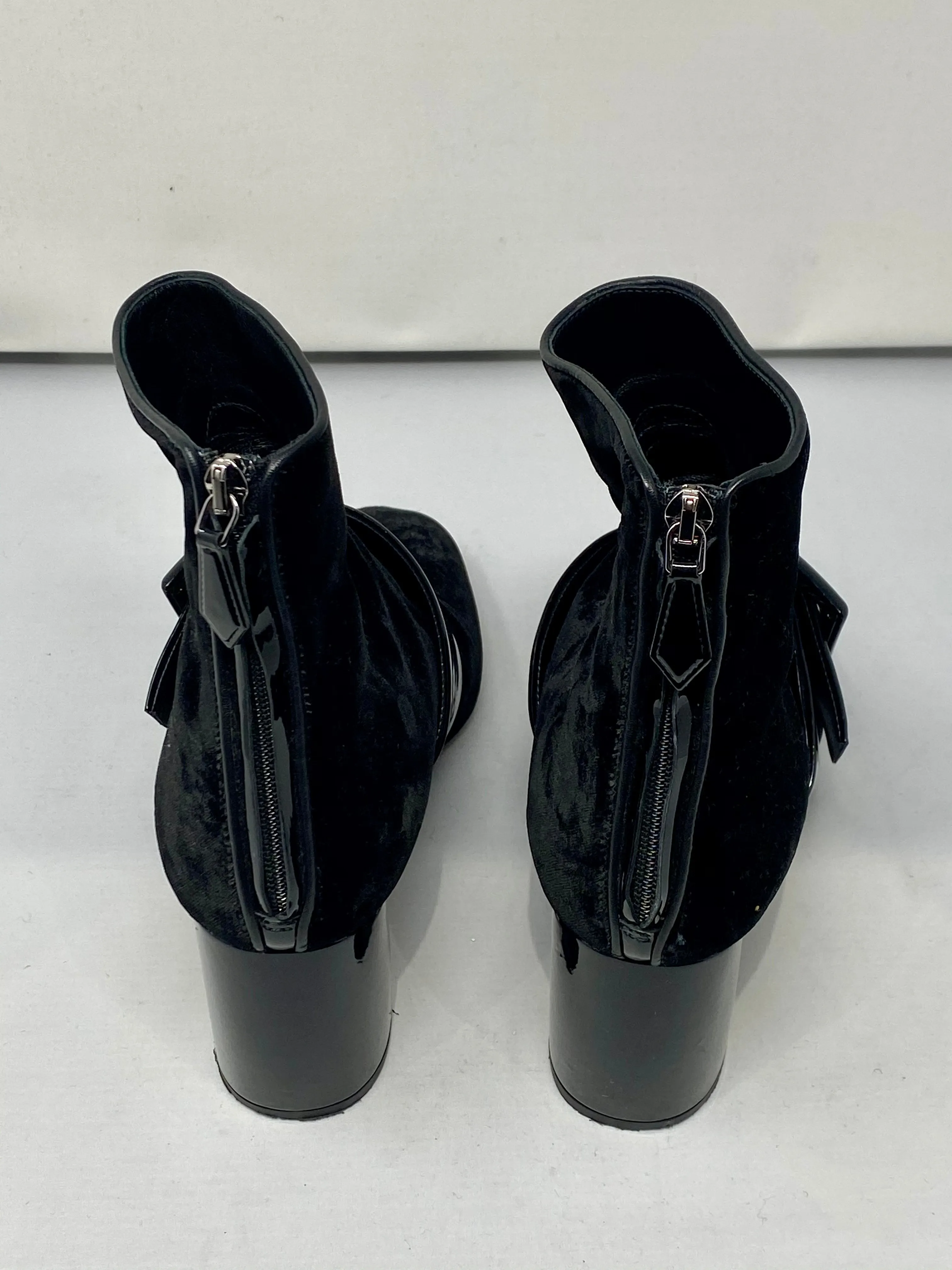 Miu Miu Black Velvet Bootie with Black Patent Leather Bow, Heel and Back Zipper