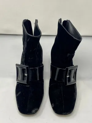 Miu Miu Black Velvet Bootie with Black Patent Leather Bow, Heel and Back Zipper