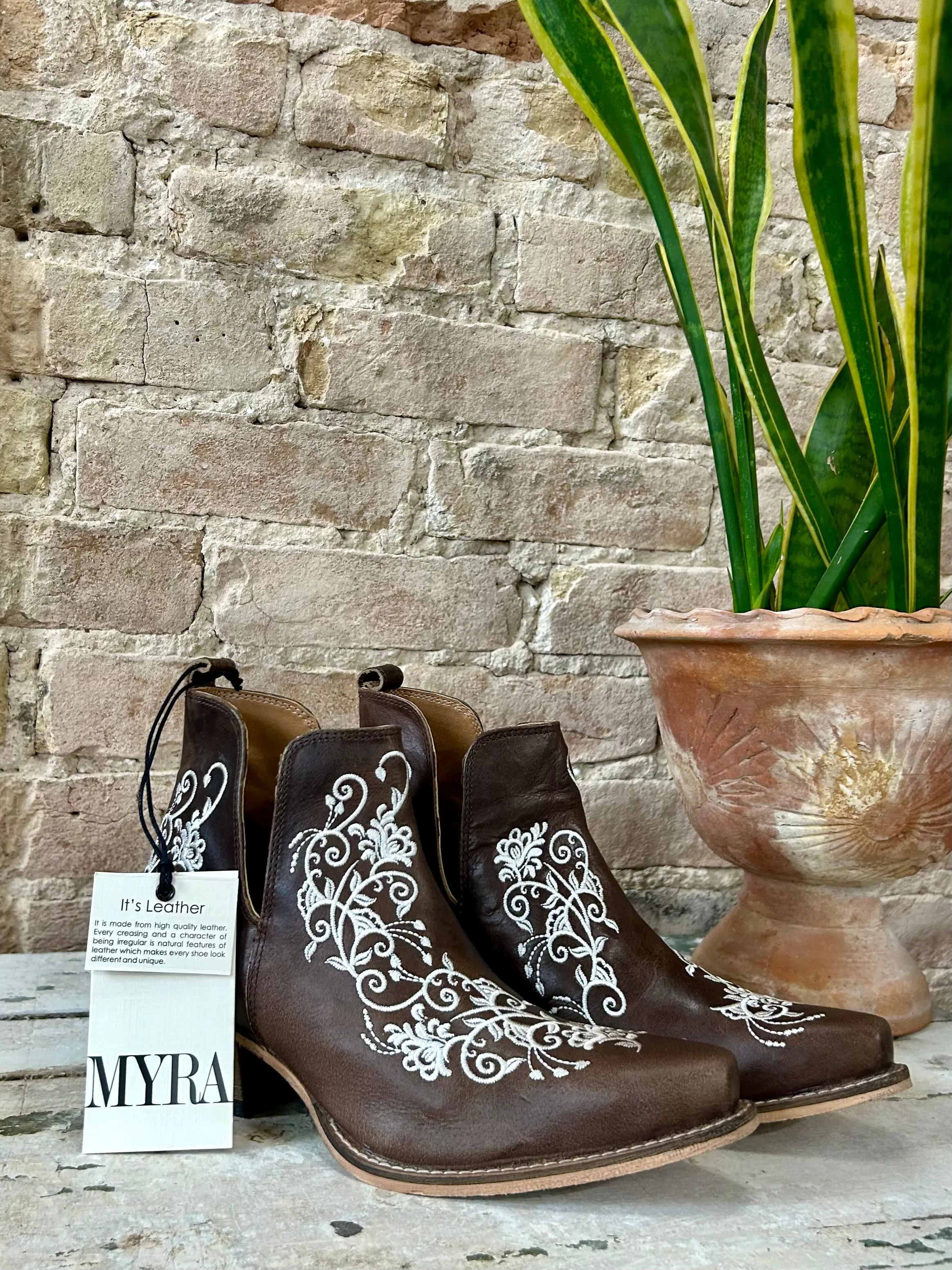 MYRA Brown Embroidered Leather Boots