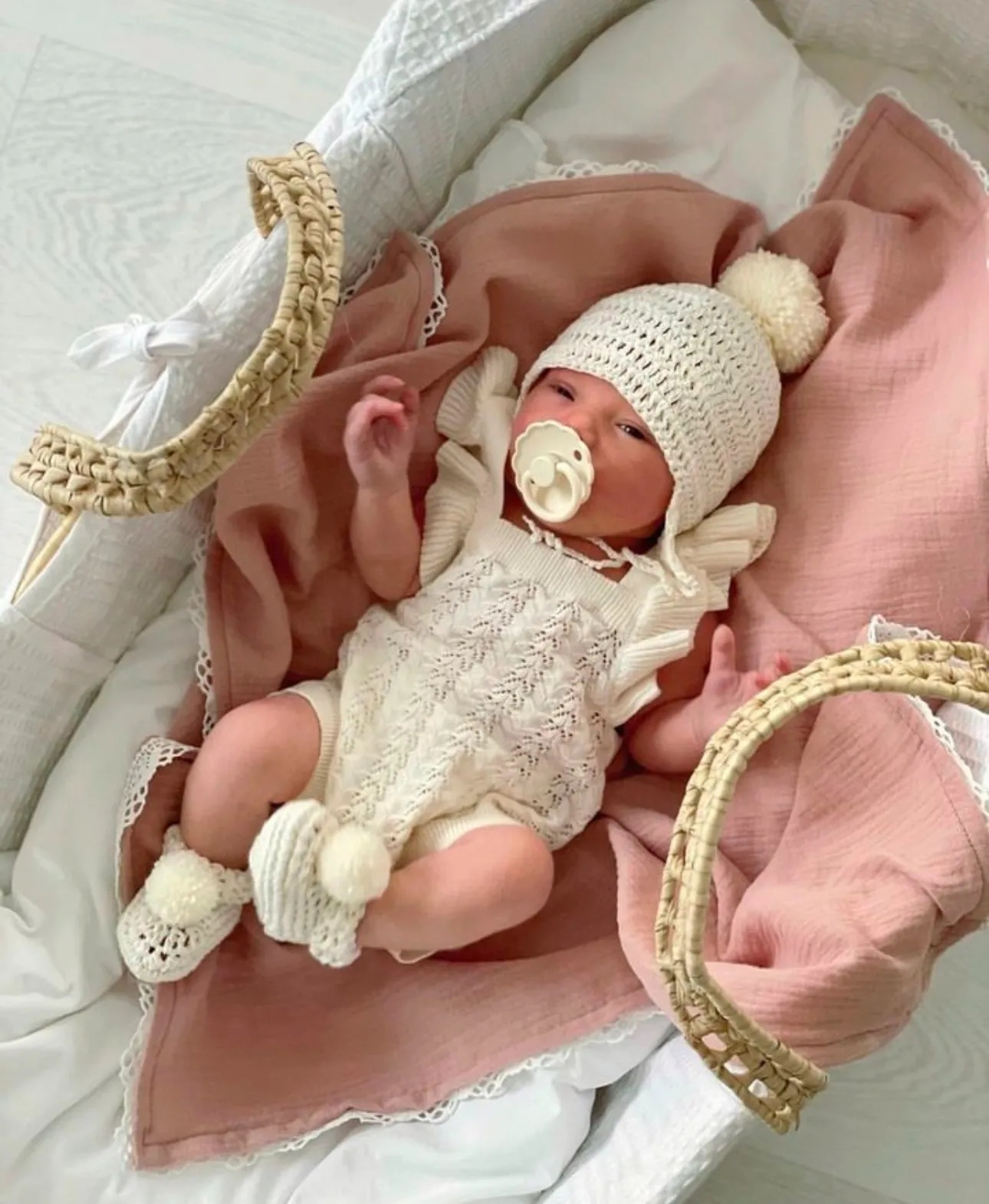 Natural Acorn Bonnet & Pom Pom Booties | Gender Neutral 100% Organic | Newborn Baby