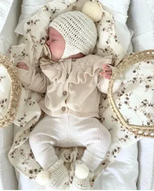 Natural Acorn Bonnet & Pom Pom Booties | Gender Neutral 100% Organic | Newborn Baby