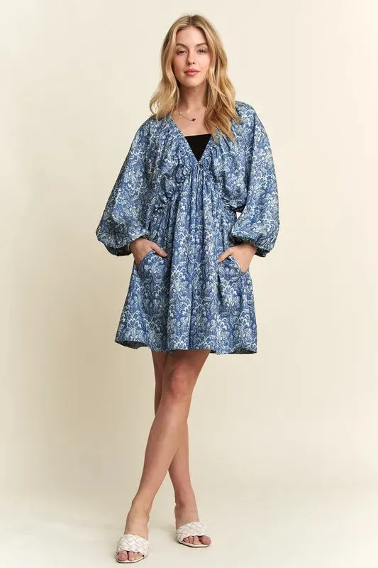 New Summer Printed V-Neck Batwing Sleeve Mini Summer Dress – Trendy Boho-Inspired V-Neck Dress with Batwing Sleeves & Vibrant Print