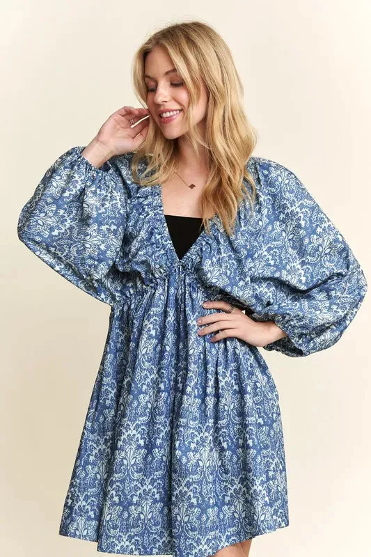 New Summer Printed V-Neck Batwing Sleeve Mini Summer Dress – Trendy Boho-Inspired V-Neck Dress with Batwing Sleeves & Vibrant Print
