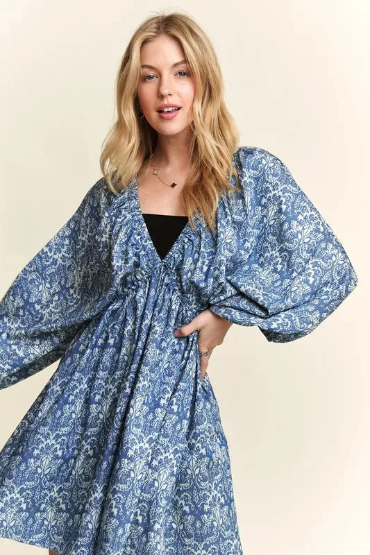 New Summer Printed V-Neck Batwing Sleeve Mini Summer Dress – Trendy Boho-Inspired V-Neck Dress with Batwing Sleeves & Vibrant Print