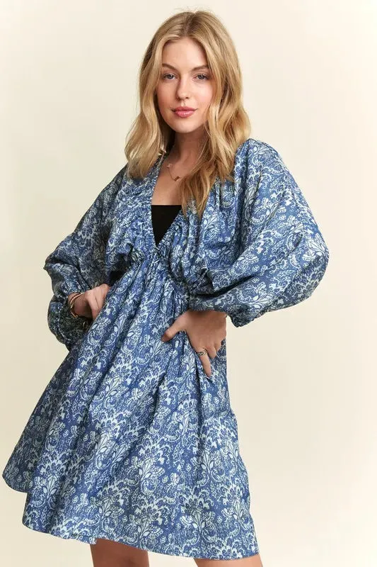 New Summer Printed V-Neck Batwing Sleeve Mini Summer Dress – Trendy Boho-Inspired V-Neck Dress with Batwing Sleeves & Vibrant Print