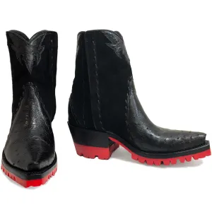 Ostrich with Nubuck Ankle Zipper with Red Vibram - Black