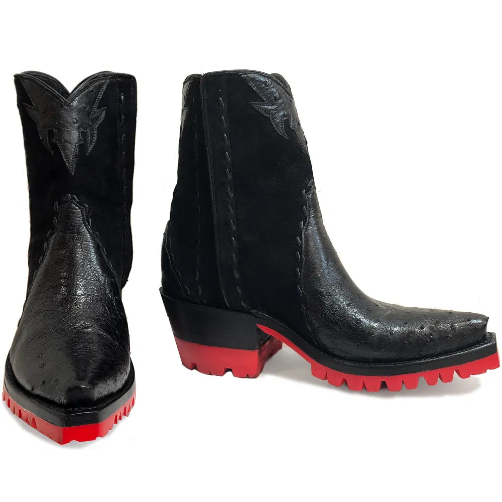 Ostrich with Nubuck Ankle Zipper with Red Vibram - Black