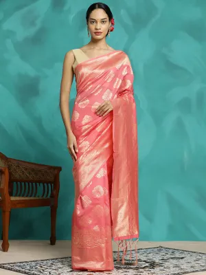 Peach Zari Woven Design Banarasi Saree
