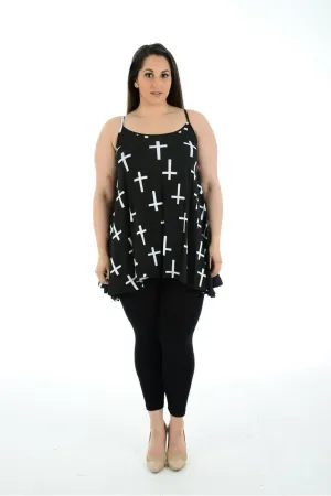 Plus Size Black White Cross Print Strappy Dress Vest Top
