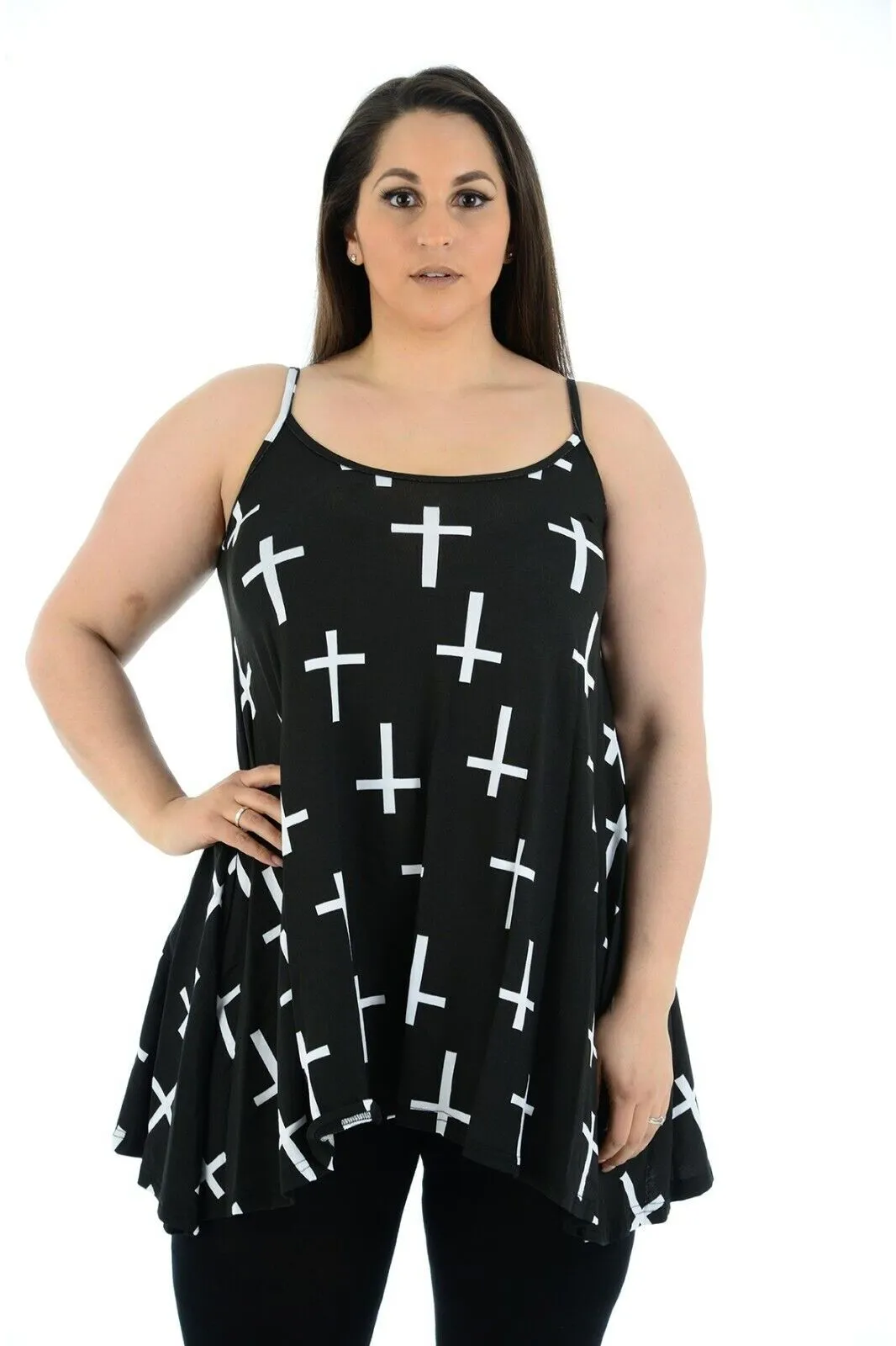 Plus Size Black White Cross Print Strappy Dress Vest Top