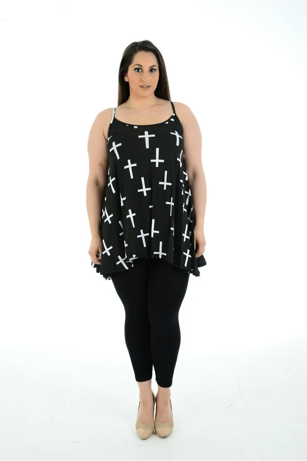 Plus Size Black White Cross Print Strappy Dress Vest Top