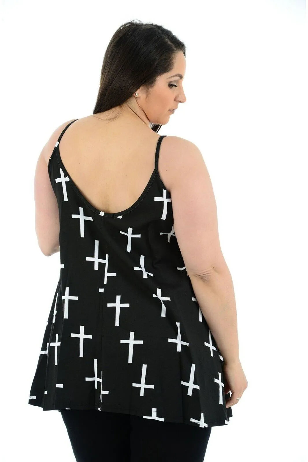 Plus Size Black White Cross Print Strappy Dress Vest Top