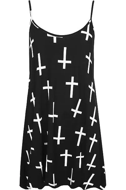 Plus Size Black White Cross Print Strappy Dress Vest Top