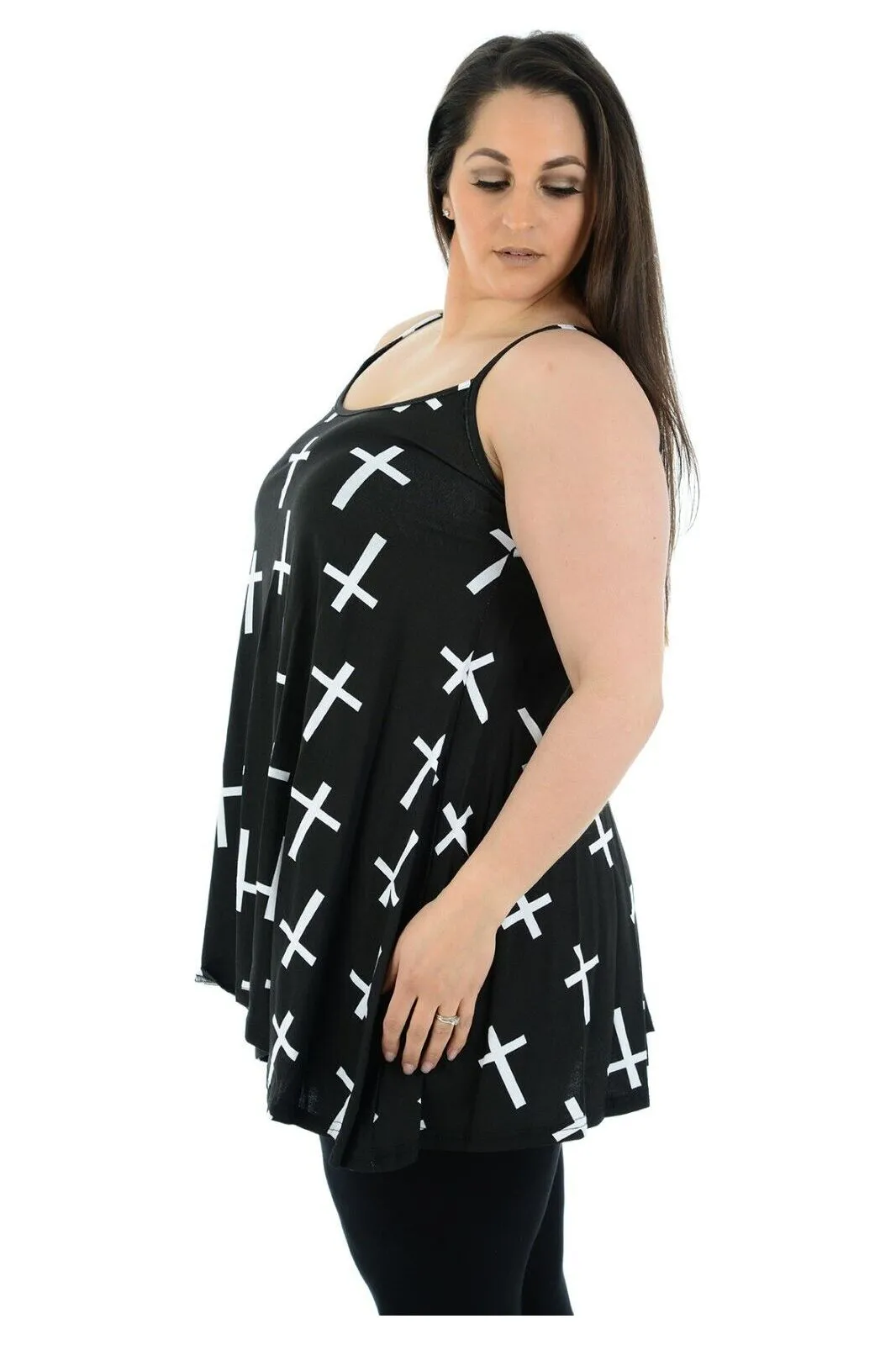 Plus Size Black White Cross Print Strappy Dress Vest Top