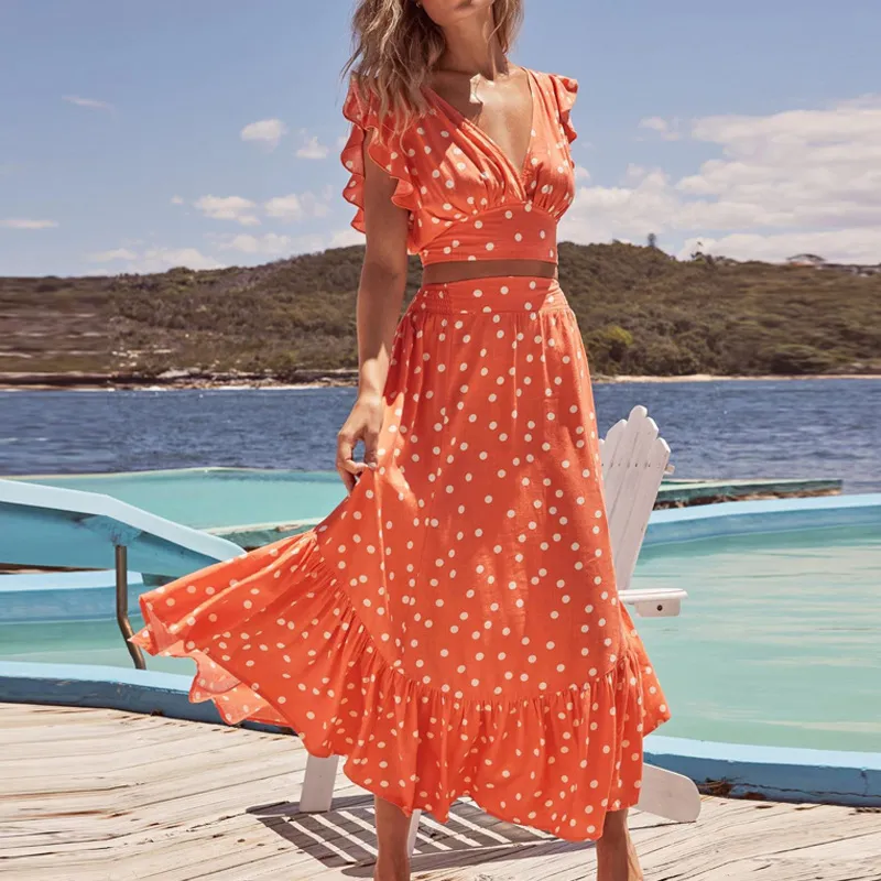 Polka Dot V-Neck Top & Ruffle Skirt Set