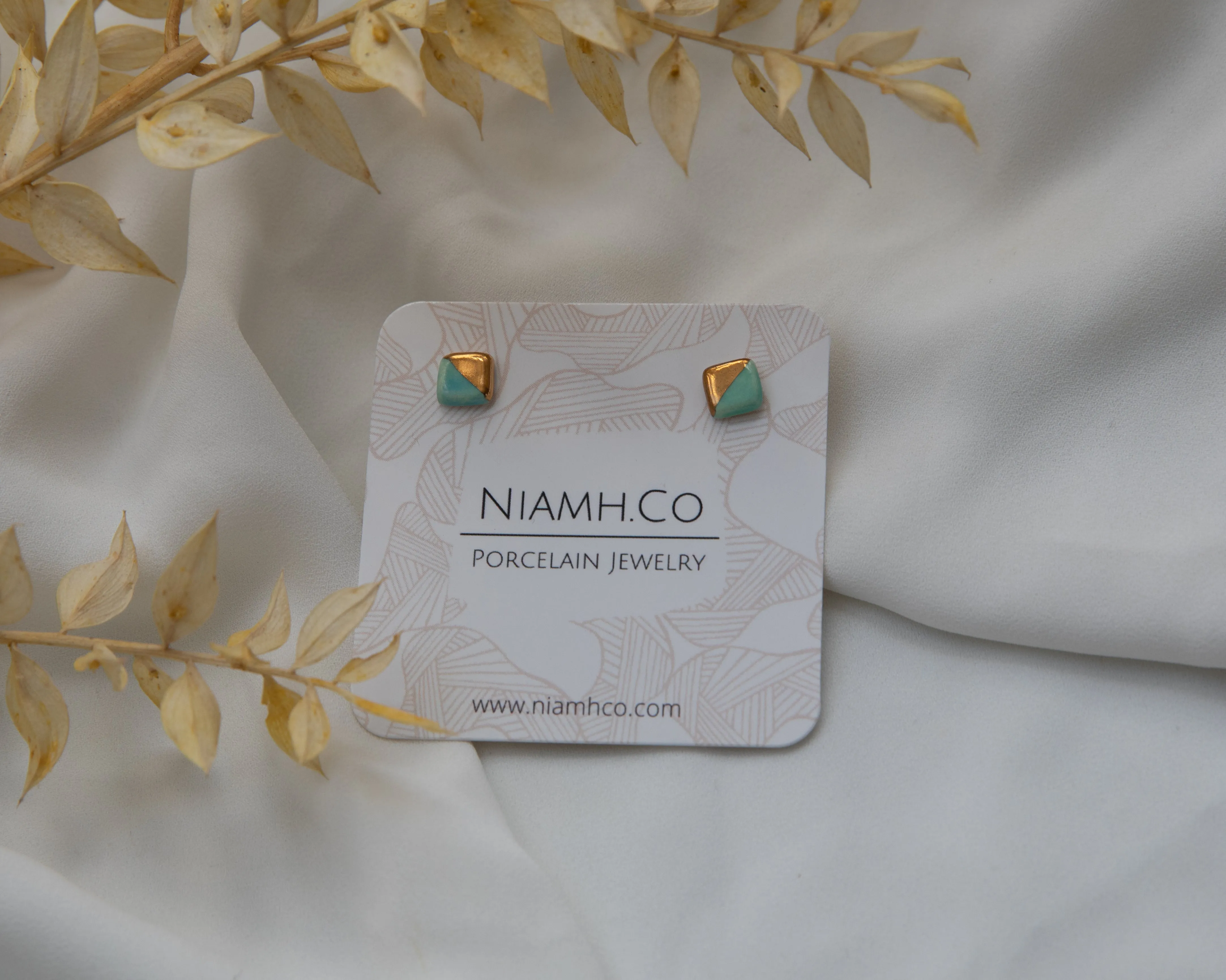Porcelain and Gold Light Turquoise Mini Square Studs
