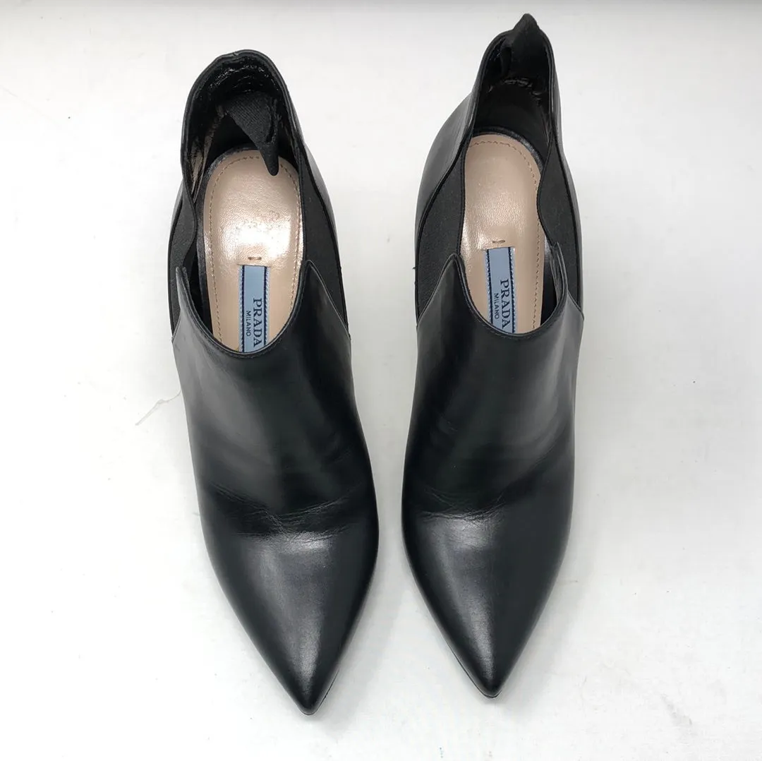 Prada Black Leather Pointed Toe Heeled Bootie