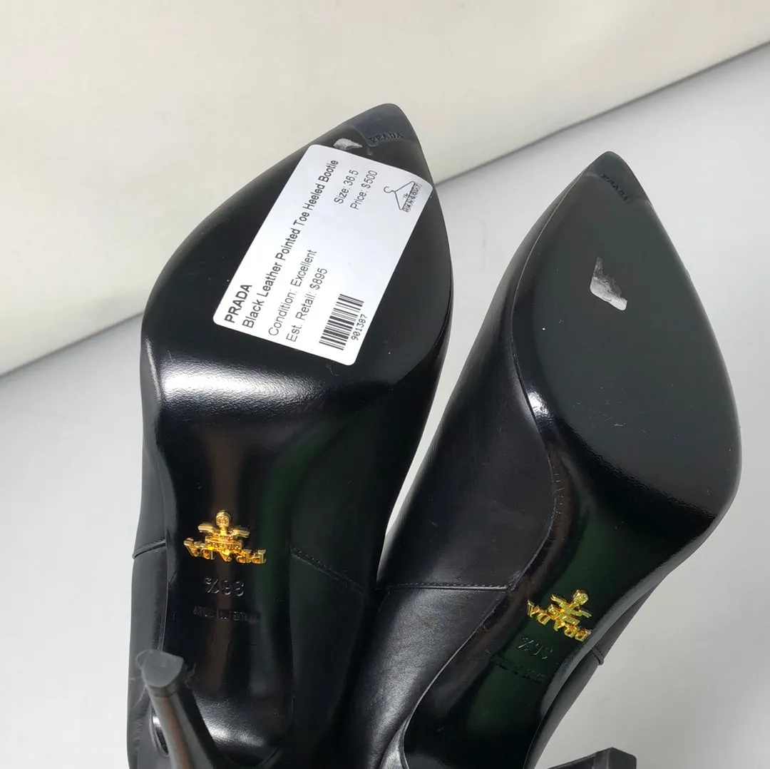 Prada Black Leather Pointed Toe Heeled Bootie