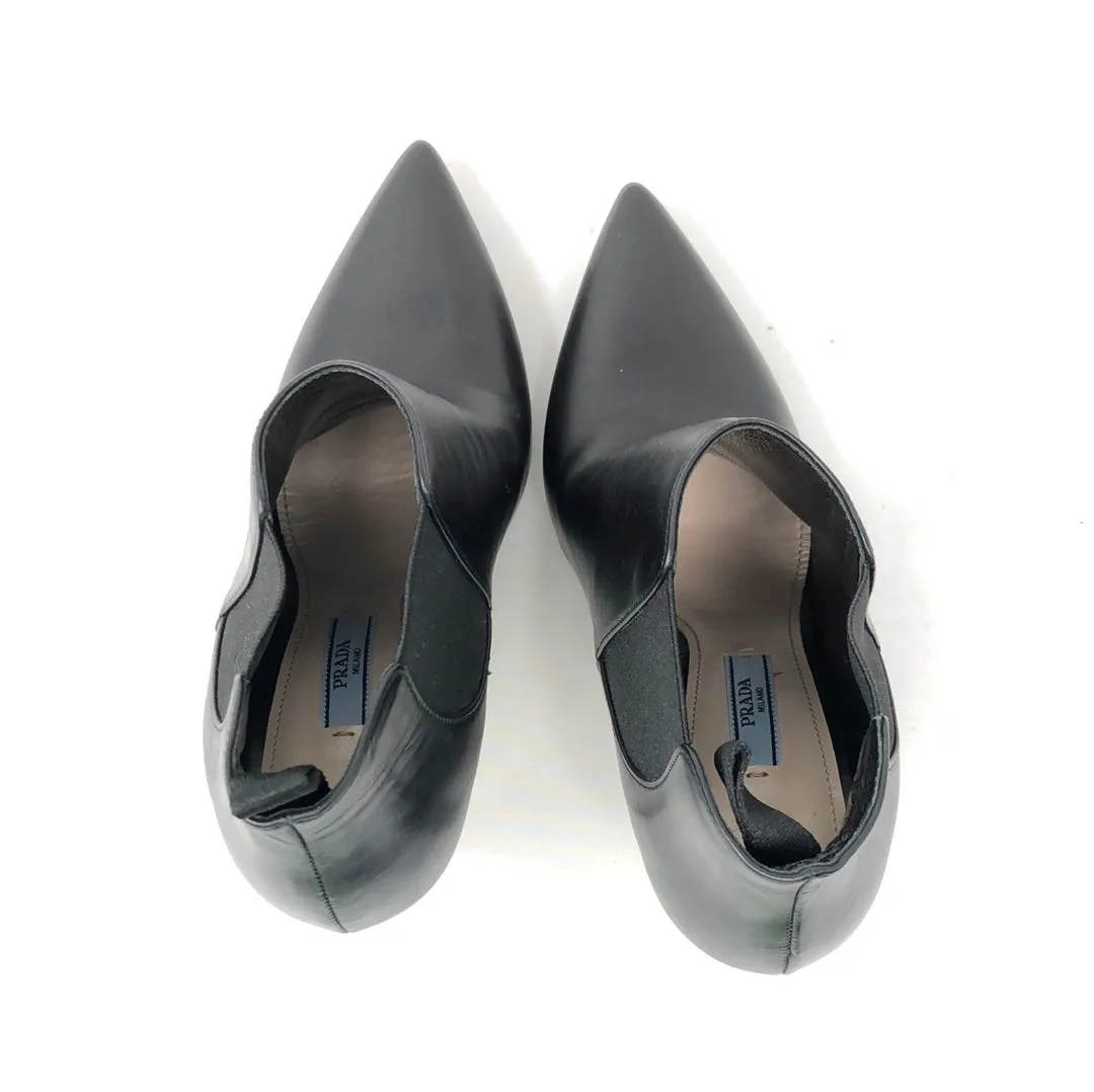 Prada Black Leather Pointed Toe Heeled Bootie