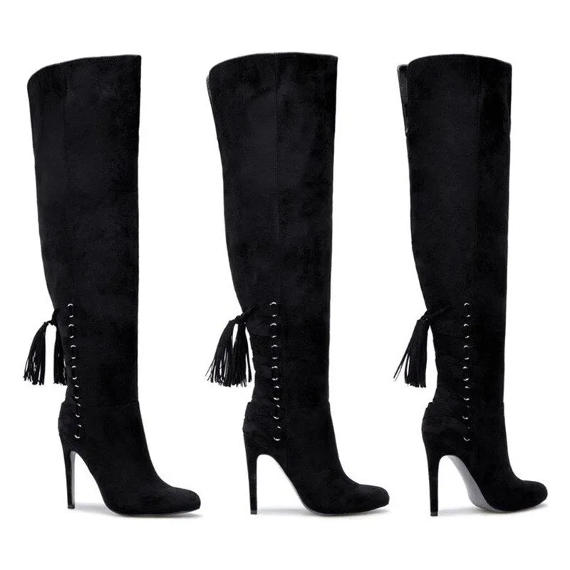 Roman Cross tied Pointed Toe Shoes Woman Suede Leather Long Boots