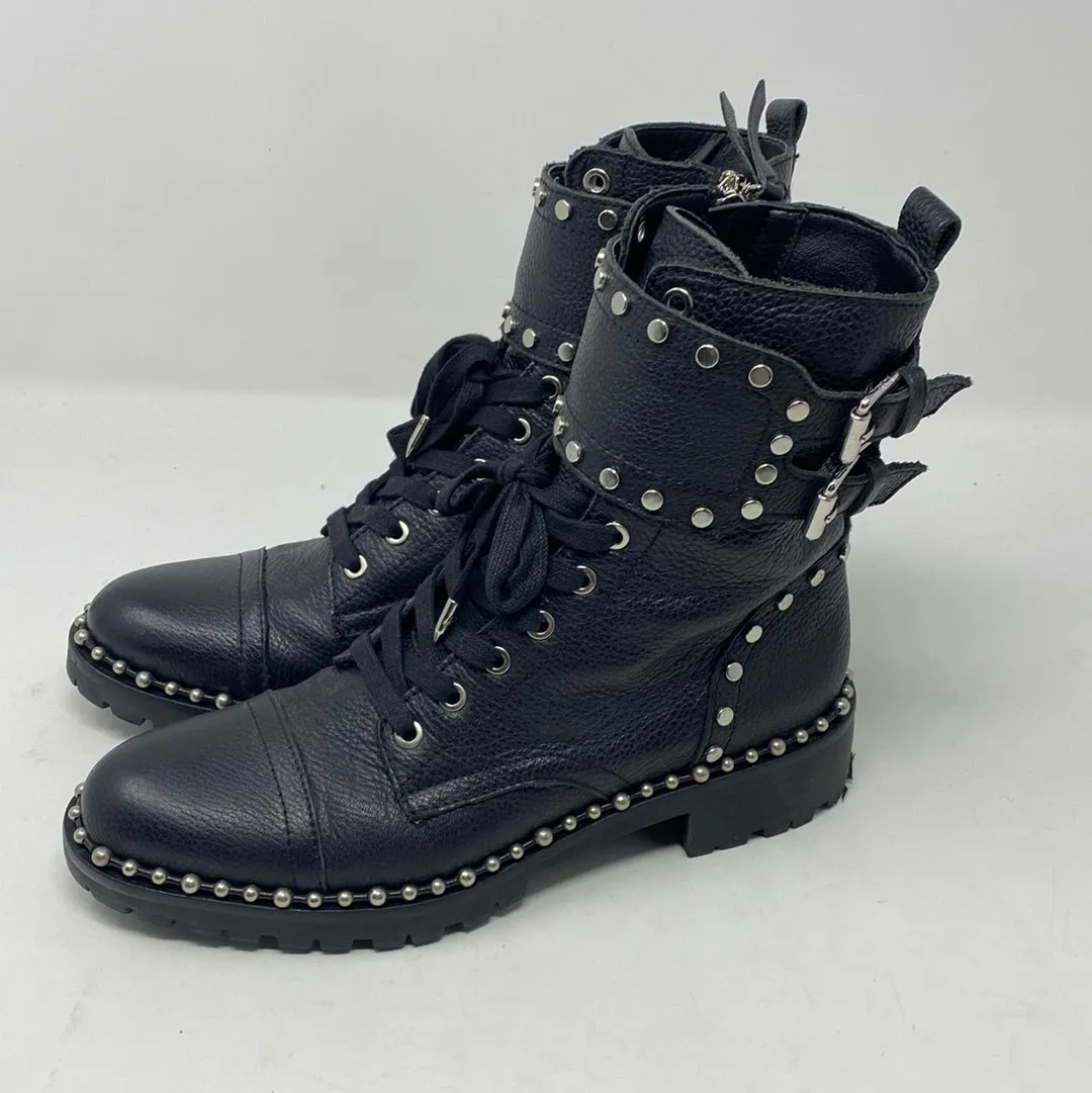 Sam Edelman Black Zip Silver Studded Lace Up Booties 'Jennifer'