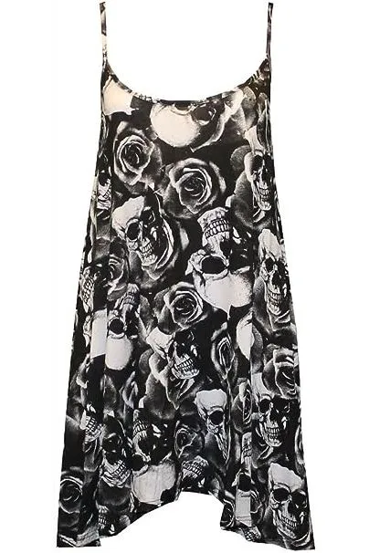 Skull Roses Print Strappy Mini Dress Vest Top