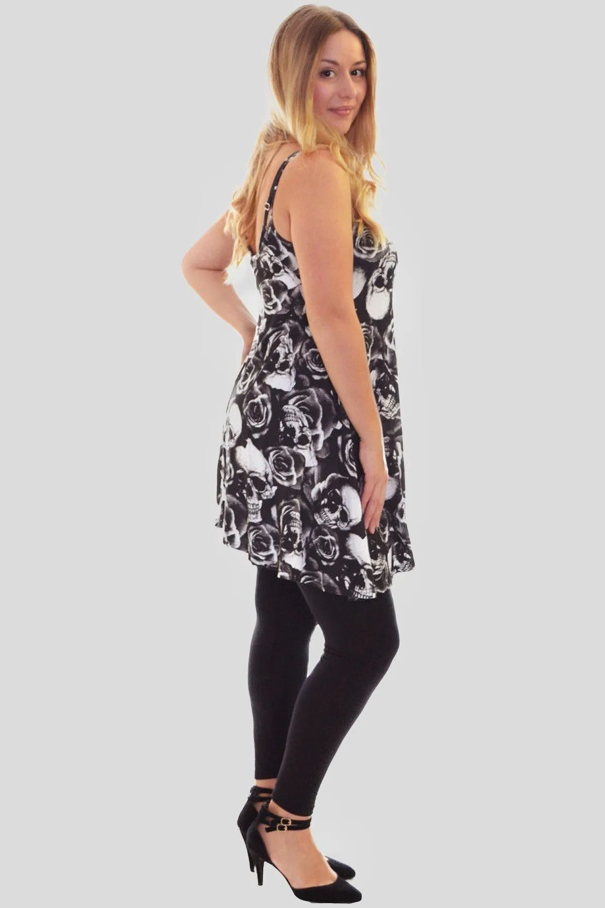 Skull Roses Print Strappy Mini Dress Vest Top