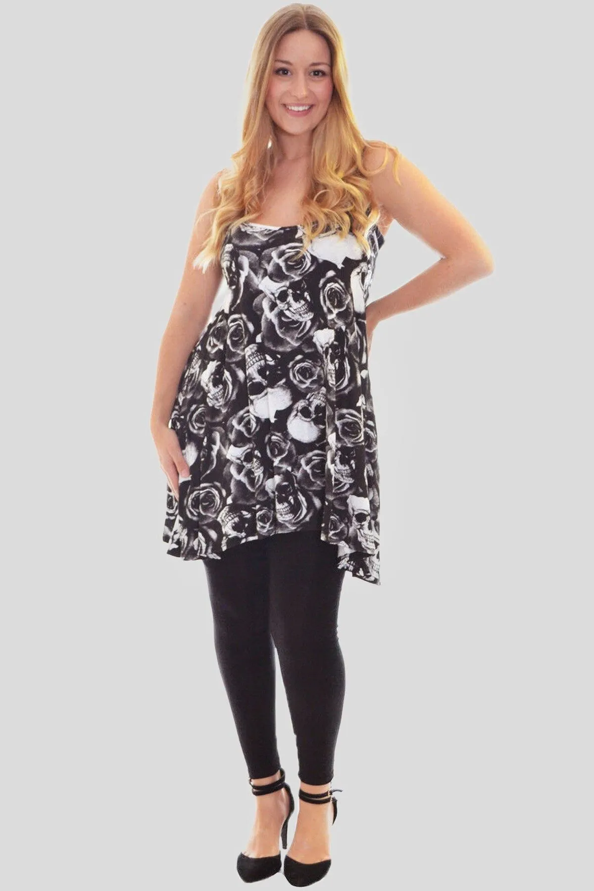 Skull Roses Print Strappy Mini Dress Vest Top