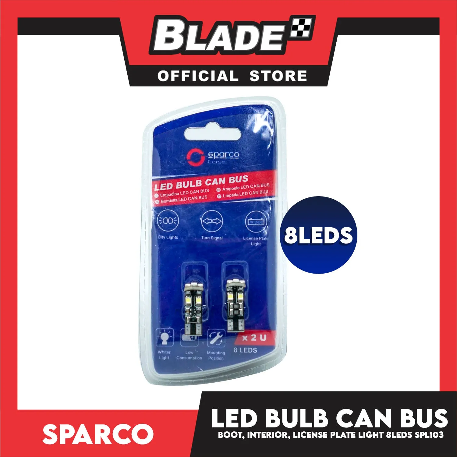 Sparco Led Bulb Can Bus SPL103 8 LEDS Used for City Lights, Turn Signal & License Plate Light