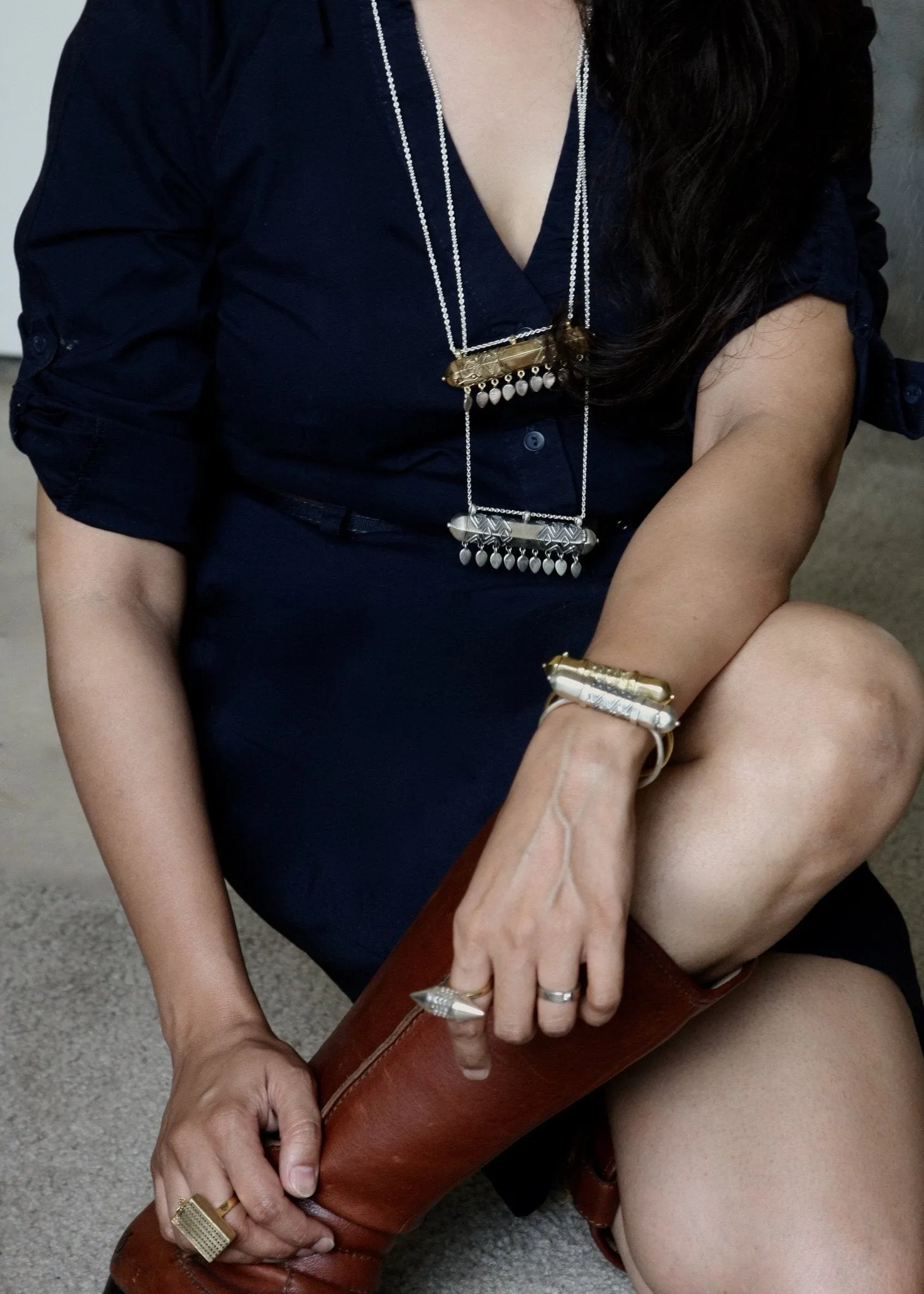 Statement, tribal-chic, tubular, sterling silver, long amulet necklace