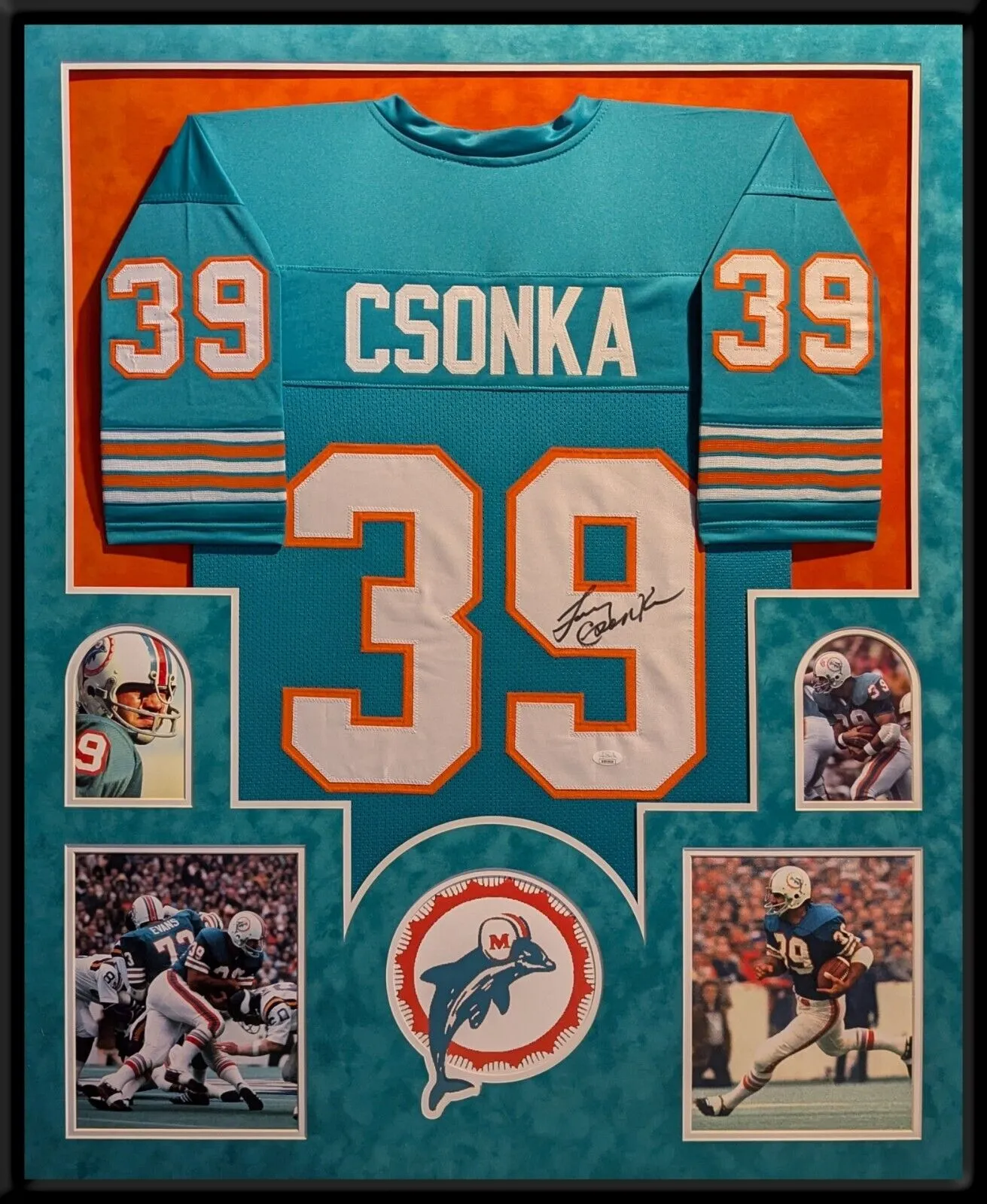 SUEDE FRAMED MIAMI DOLPHINS LARRY CSONKA AUTOGRAPHED SIGNED JERSEY JSA COA