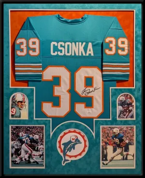 SUEDE FRAMED MIAMI DOLPHINS LARRY CSONKA AUTOGRAPHED SIGNED JERSEY JSA COA