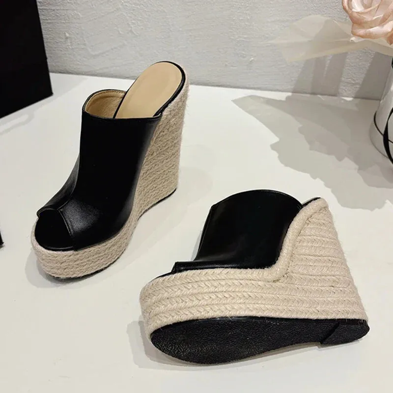 VougeVamp Women’s Straw Rope Weave Platform Slippers – Handmade Summer Sandals with Super High Wedge Heels