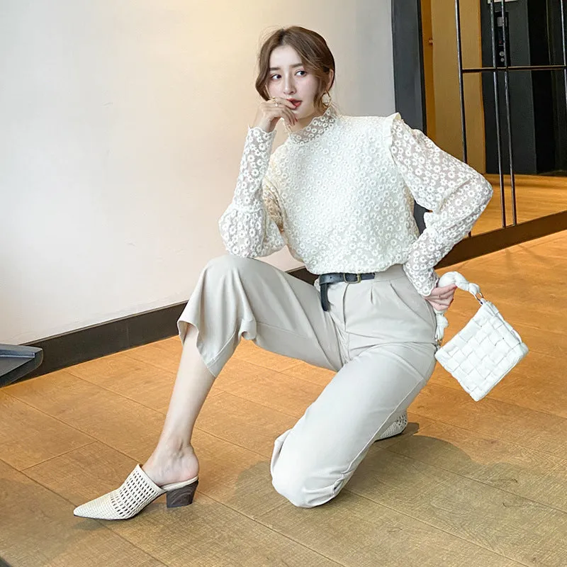 White Hollow Woven Baotou Half Slippers Female Summer Wear Pointed Muller Sandals