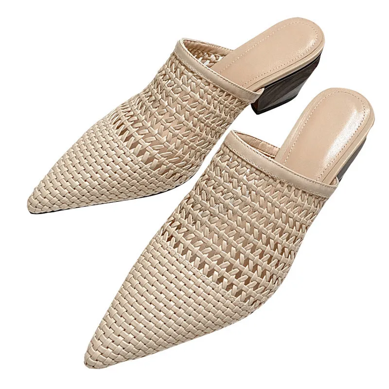 White Hollow Woven Baotou Half Slippers Female Summer Wear Pointed Muller Sandals