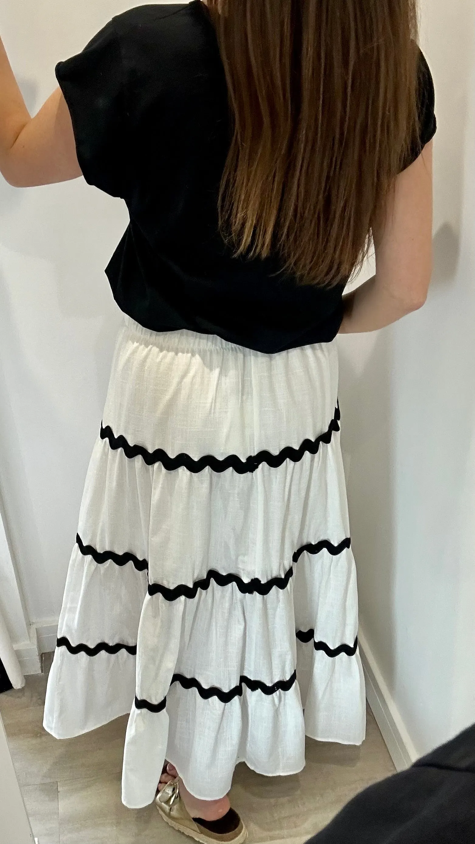WHITE WAVY STITCH LINEN MIX MIDI SKIRT