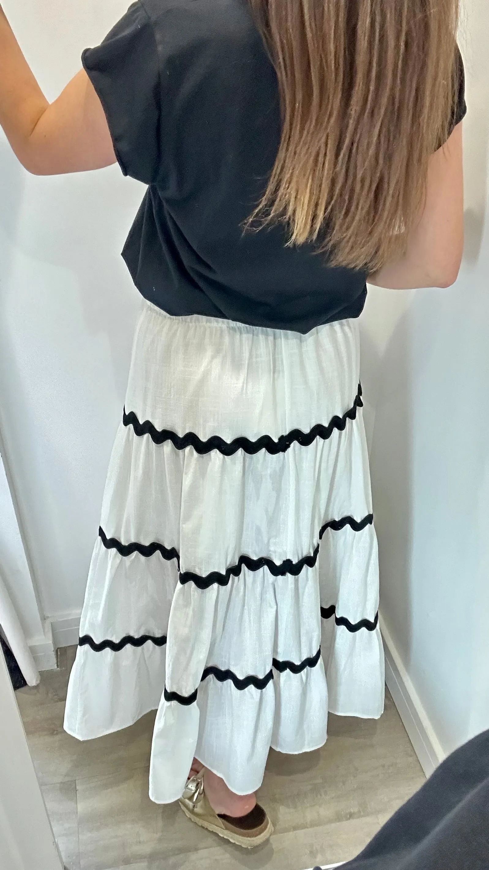 WHITE WAVY STITCH LINEN MIX MIDI SKIRT