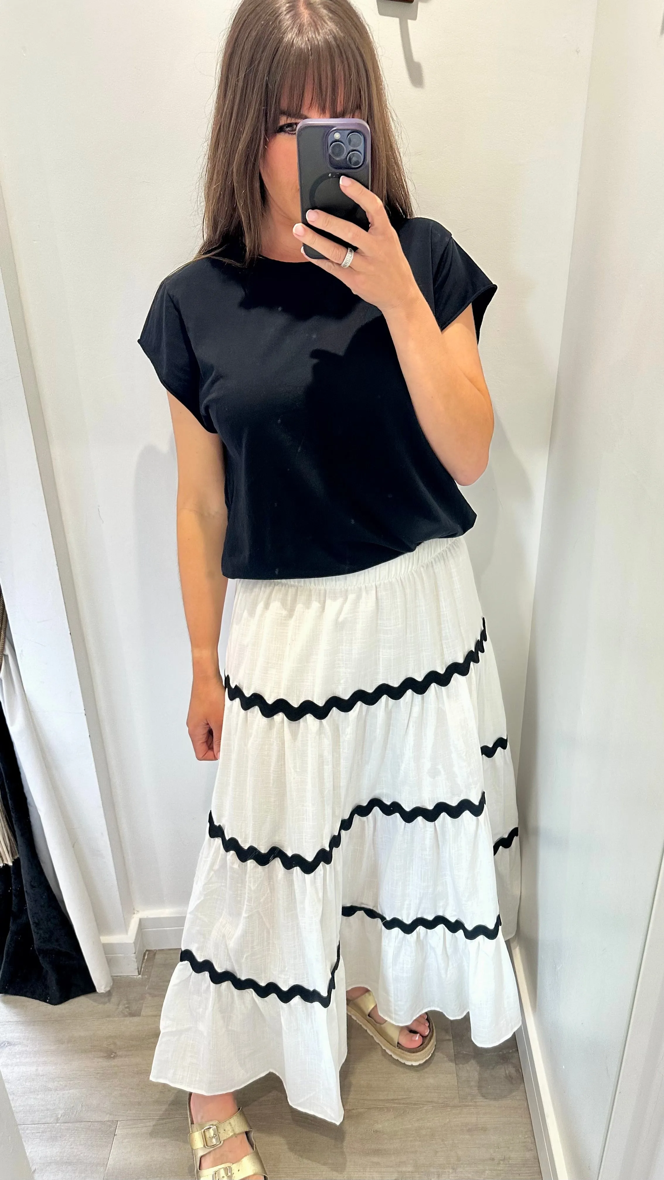 WHITE WAVY STITCH LINEN MIX MIDI SKIRT