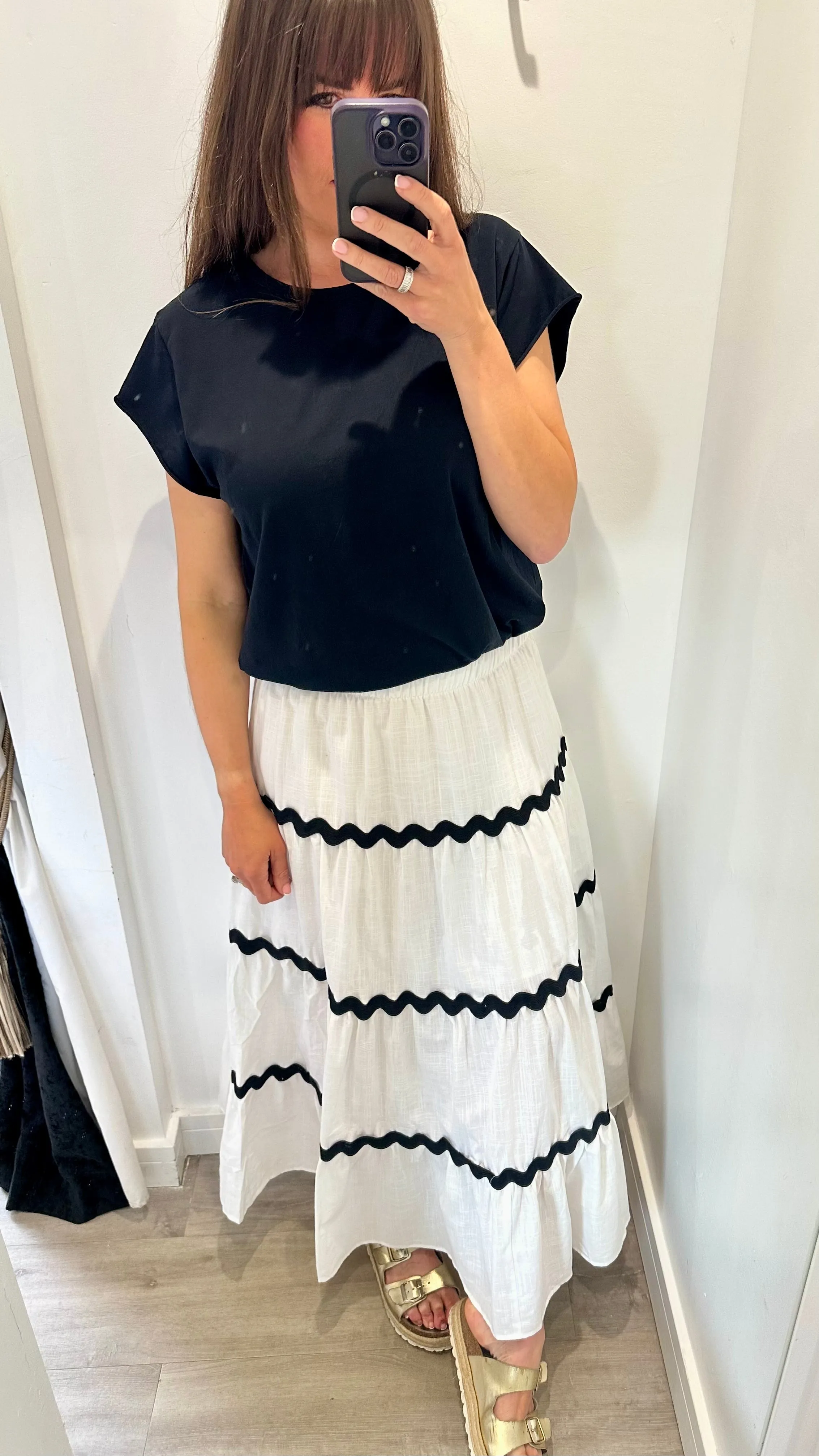 WHITE WAVY STITCH LINEN MIX MIDI SKIRT