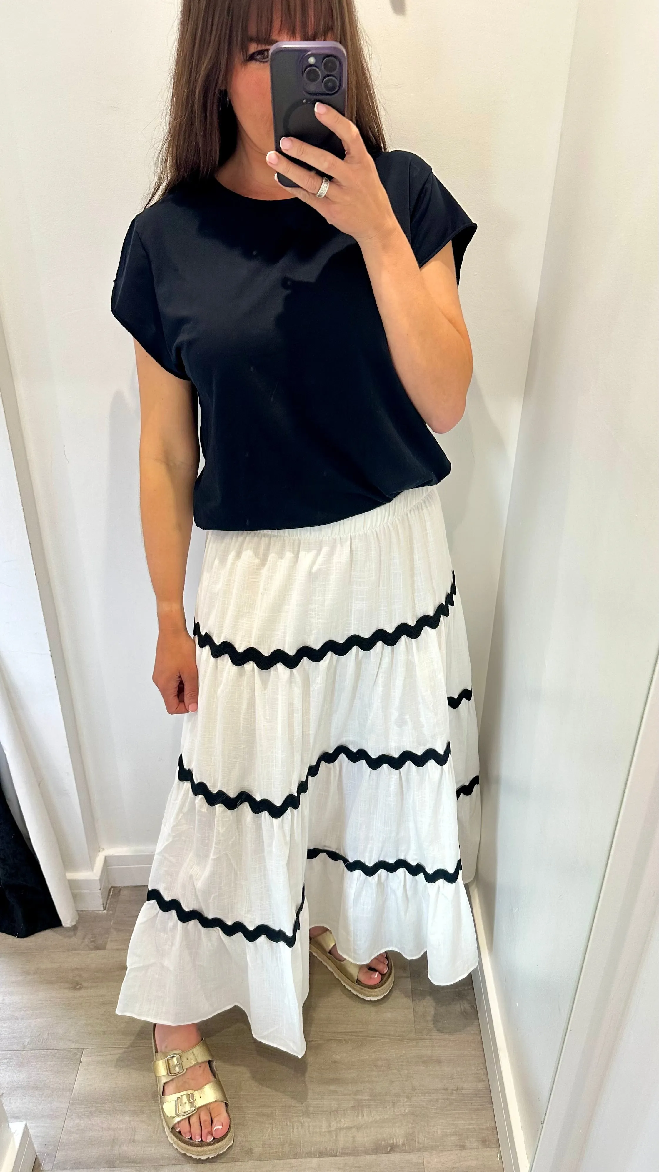 WHITE WAVY STITCH LINEN MIX MIDI SKIRT