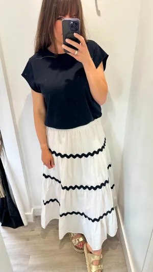 WHITE WAVY STITCH LINEN MIX MIDI SKIRT