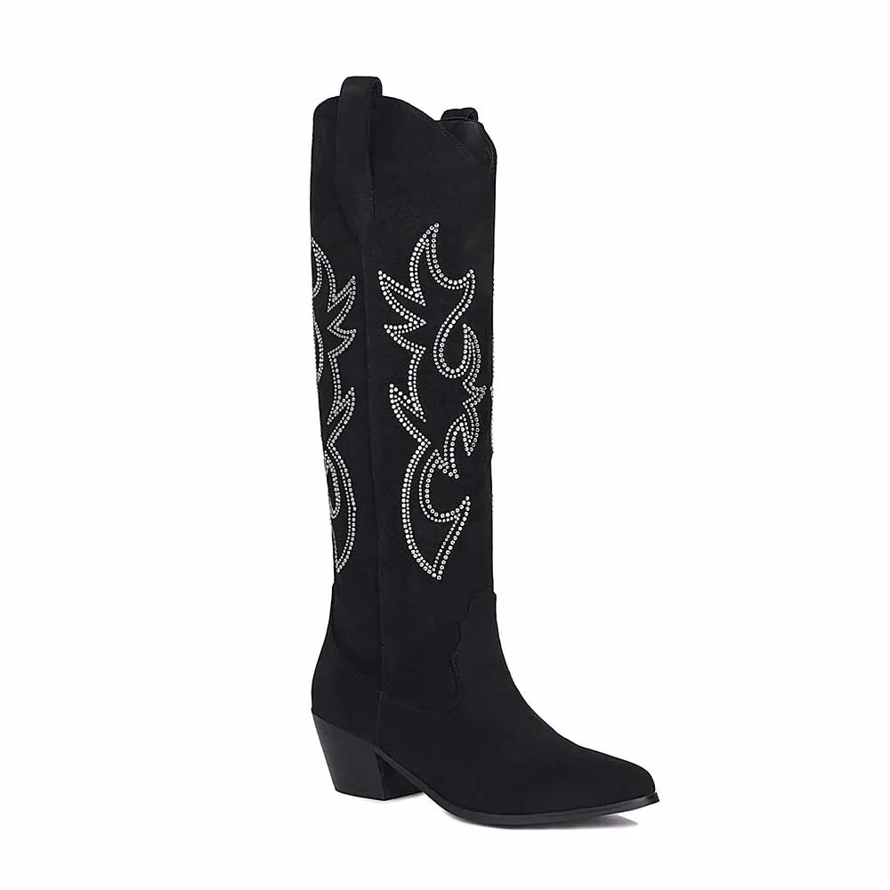 Women's Embroidered Knee High Cowgirl Boots Stiching Pull On Pointed Toe Western Cowboy Boots