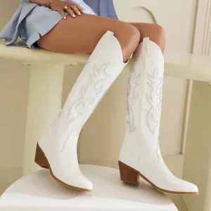 Women's Embroidered Knee High Cowgirl Boots Stiching Pull On Pointed Toe Western Cowboy Boots
