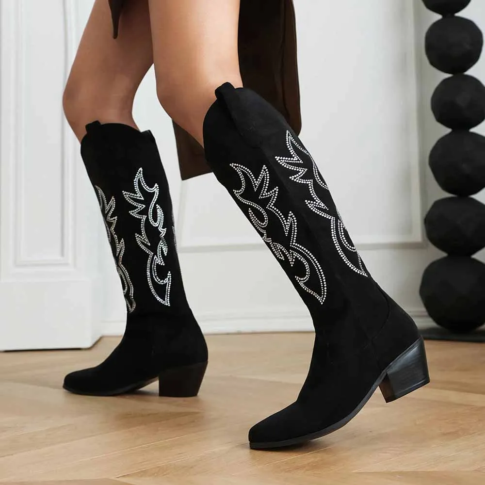 Women's Embroidered Knee High Cowgirl Boots Stiching Pull On Pointed Toe Western Cowboy Boots
