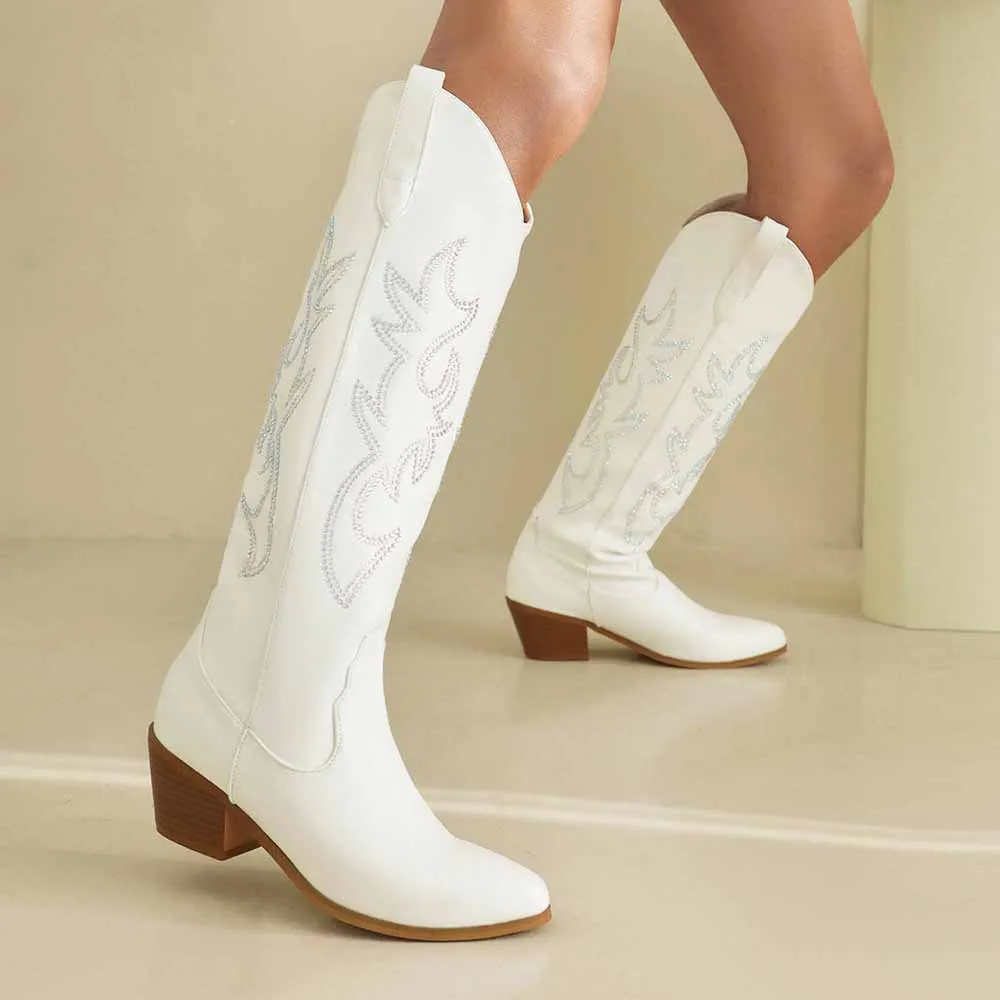 Women's Embroidered Knee High Cowgirl Boots Stiching Pull On Pointed Toe Western Cowboy Boots