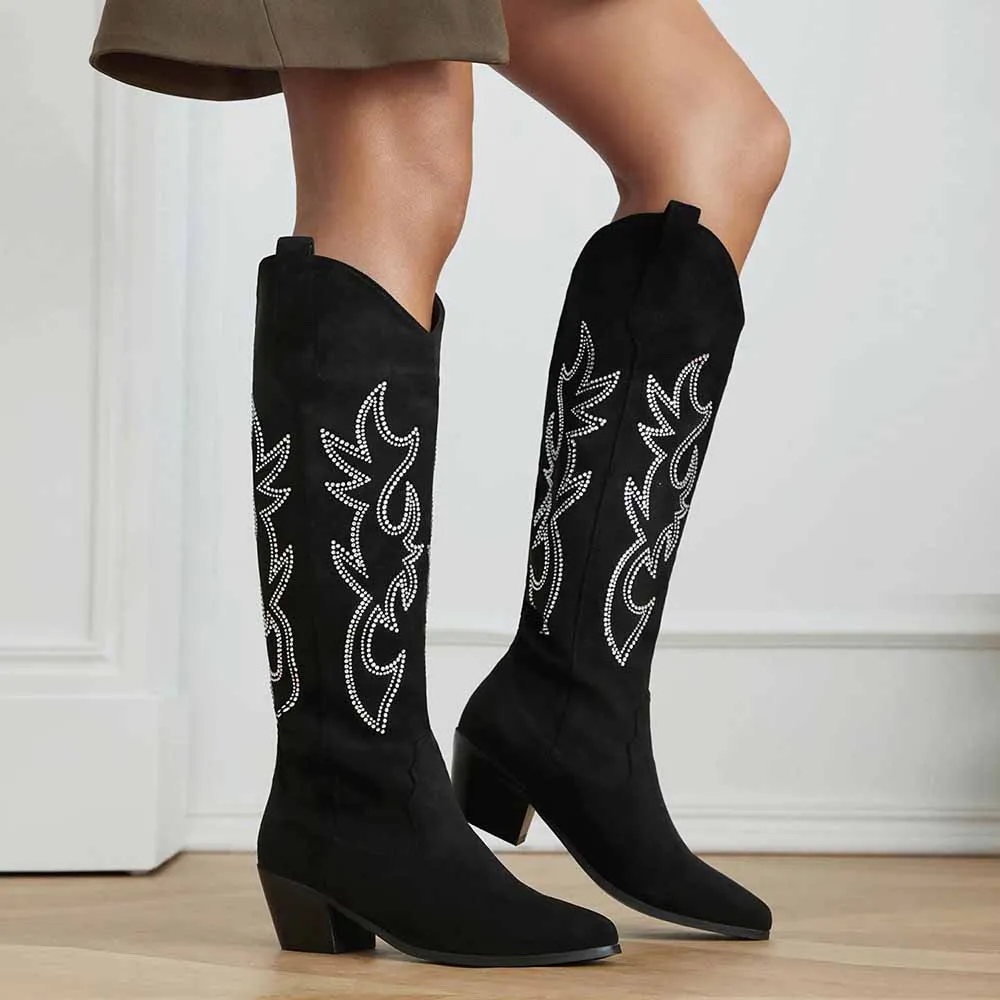 Women's Embroidered Knee High Cowgirl Boots Stiching Pull On Pointed Toe Western Cowboy Boots